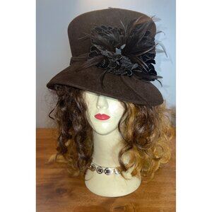 Vintage Cloche Tall Bowler Hat Velvet Feather Floral Accent Women Meril